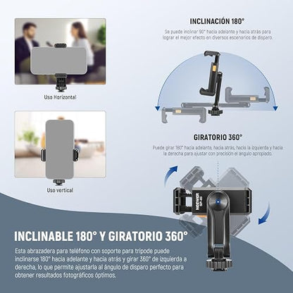 NEEWER Soporte de Trípode para Teléfono con Rosca 1/4" y Zapata Fría, 2.36"-3.54"/6-9cm 360° Giratorio Cámara Abrazadera Teléfono para iPhone 15 14 13 12 11 Pro MAX X XR Samsung S24 Ultra, SP-10