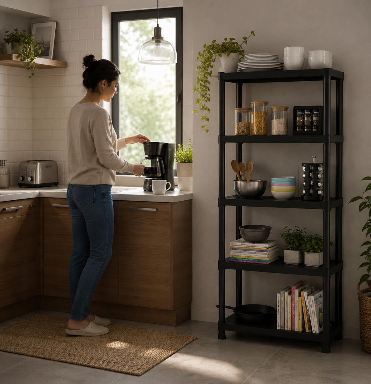 Italhome Rack De Plástico Mediano De 5 Niveles Color Negro, Estante Organizador Resistente Multiusos Soporta 125 Kg