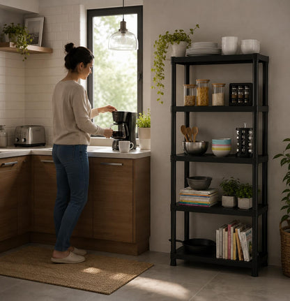 Italhome Rack De Plástico Mediano De 5 Niveles Color Negro, Estante Organizador Resistente Multiusos Soporta 125 Kg