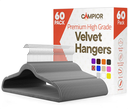 Campior Premium Velvet Non-Slip Hangers for Clothes - Heavy Duty Coat Hanger Set with 360° Swivel Hook, Lightweight, Luxurious Velvet Finish, Versatile Hangers for Any Closet, Pack of 60 - Grey