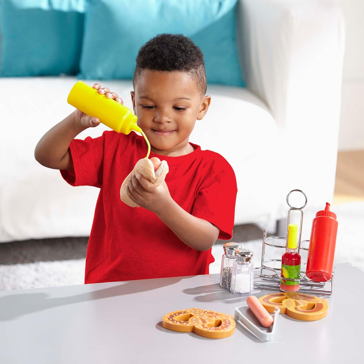 Melissa & Doug ¡Juguemos de Casita! Condimentos de Juguete, Juego de Imitación, Organizador Resistente de Metal, Efectos de Sonido Realistas, 6 Piezas