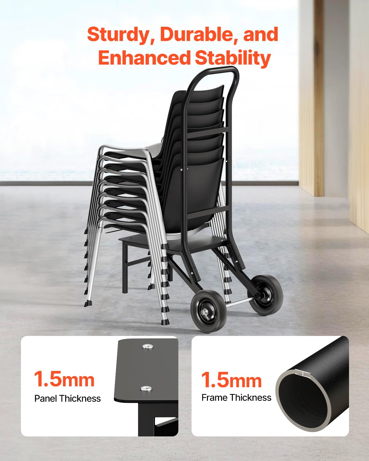 VEVOR Estante para Sillas Plegable, Capacidad de 68 kg, Carrito Resistente para Apilar 10 Sillas, Carrito de Almacenamiento de Metal con Ruedas de Goma, Soporte para Sillas de Empuje, Negro Mate