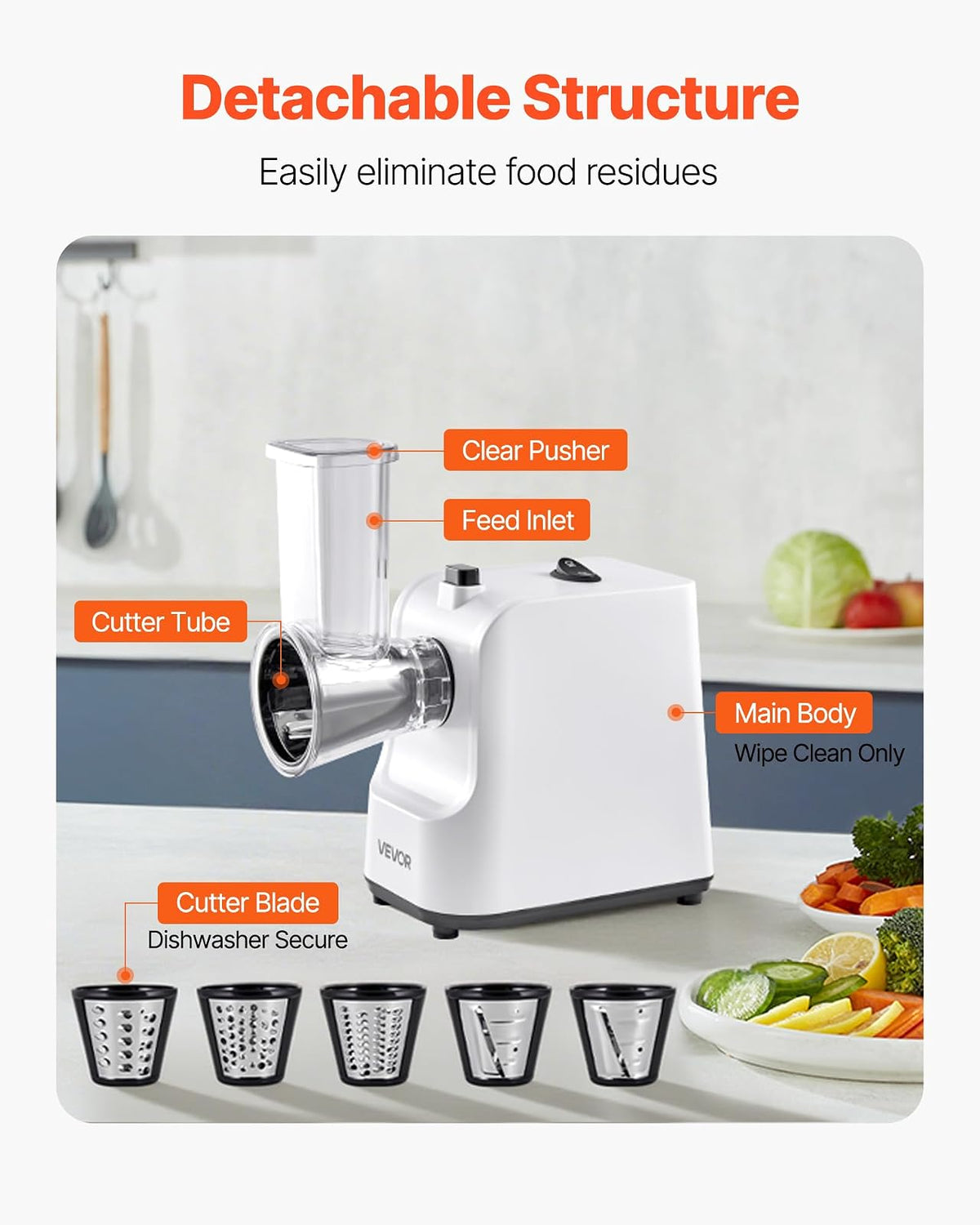 VEVOR Rallador de queso eléctrico para ensaladas,200 W,cortador de verduras eléctrico, triturador y picador para frutas con 5 accesorios,cortador de alimentos de acero inoxidable para verduras
