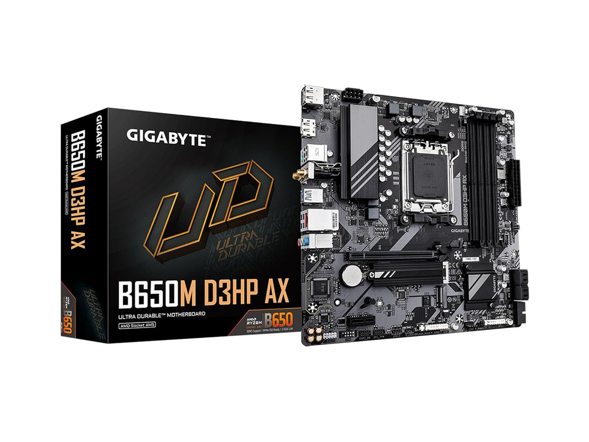 GIGABYTE B650M D3HP AX (Rev. 1.0) AM5 LGA 1718 AMD B650 M-ATX DDR5, 2X PCIe 4.0 M.2, PCIe 4.0, USB 3.2 Gen2 Tipo-C, Wi-Fi 6E, LAN de 2.5GbE