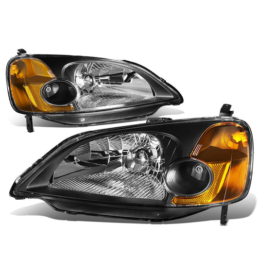 DNA Motoring HL-OH-HC01-BK-AM - Faros delanteros de repuesto color ámbar negro compatibles con Honda Civic 01-03