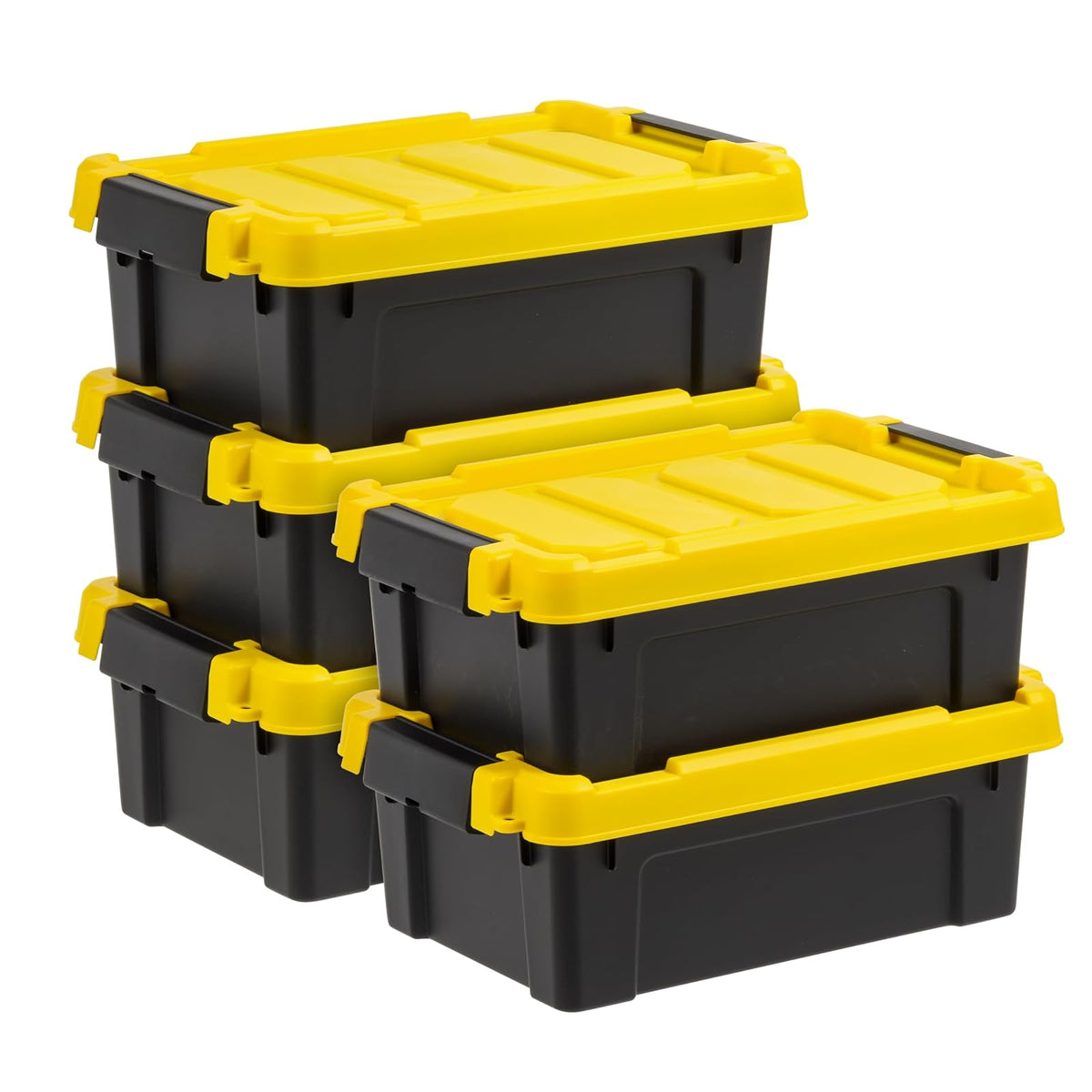 IRIS USA Contenedores de Almacenamiento Cerrables de 12.5 L (3.3 Galones), Contenedores Apilables de Uso Rudo, Organizadores Negro/Amarillo, Paquete de 5