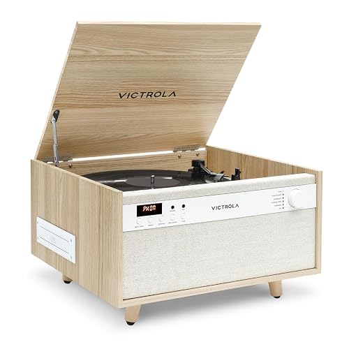 Victrola Century - Tocadiscos Bluetooth 6 en 1 - Natural Centro Musical de Mediados de Siglo Reproduce Vinilo, CD, Casete y Auxiliar, VINYLSTREAM transmite Discos a Altavoces Bluetooth