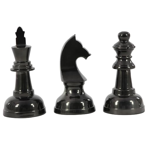 Deco 79 CosmoLiving by Cosmopolitan - Escultura de ajedrez de Aluminio con Caballero, Queen y King, Juego de 3 9 Pulgadas, 9 Pulgadas, 10 Pulgadas de Alto, Gris Oscuro