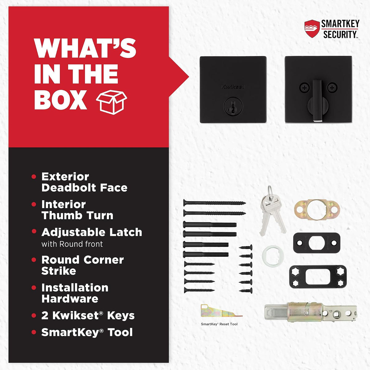 Kwikset - Cerradura de cerrojo del centro de la ciudad, puerta de entrada frontal con llave, color negro mate, resistente a la selección, seguridad SmartKey Rekey, tornillo muerto de un solo cilindro,