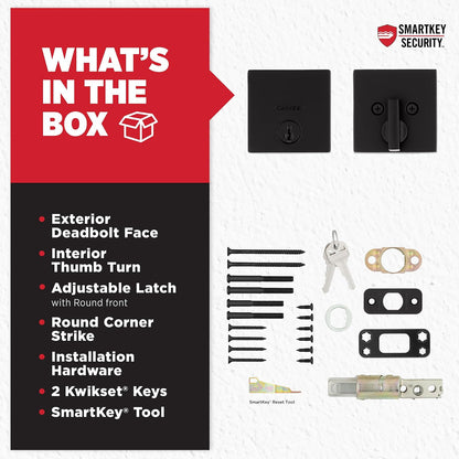Kwikset - Cerradura de cerrojo del centro de la ciudad, puerta de entrada frontal con llave, color negro mate, resistente a la selección, seguridad SmartKey Rekey, tornillo muerto de un solo cilindro,