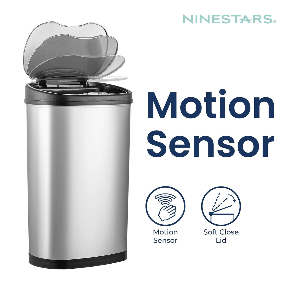 NINESTARS DZT-50-13 la papelera original sin contacto con sensor de movimiento automático, parte superior negra, 13.2 galones / 50 L, Acero Inoxidable, Art Deco, Acero inoxidable, 13 Gal. 50 L, 1