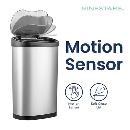 NINESTARS DZT-50-13 la papelera original sin contacto con sensor de movimiento automático, parte superior negra, 13.2 galones / 50 L, Acero Inoxidable, Art Deco, Acero inoxidable, 13 Gal. 50 L, 1