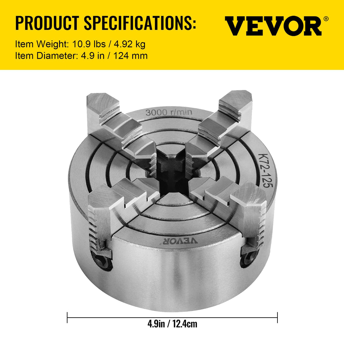 Vevor K72-125 - Mandril de torno de 5 pulgadas, 4 mandíbulas, mandíbulas reversibles independientes, accesorios para máquinas de torneado de tornos, para máquinas de tornos
