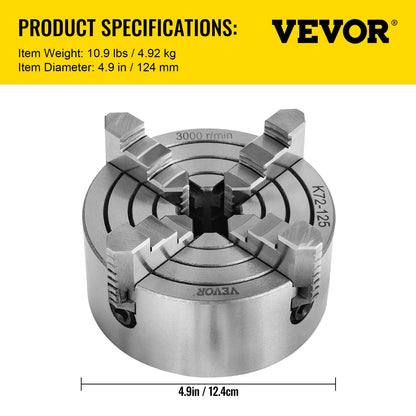 Vevor K72-125 - Mandril de torno de 5 pulgadas, 4 mandíbulas, mandíbulas reversibles independientes, accesorios para máquinas de torneado de tornos, para máquinas de tornos