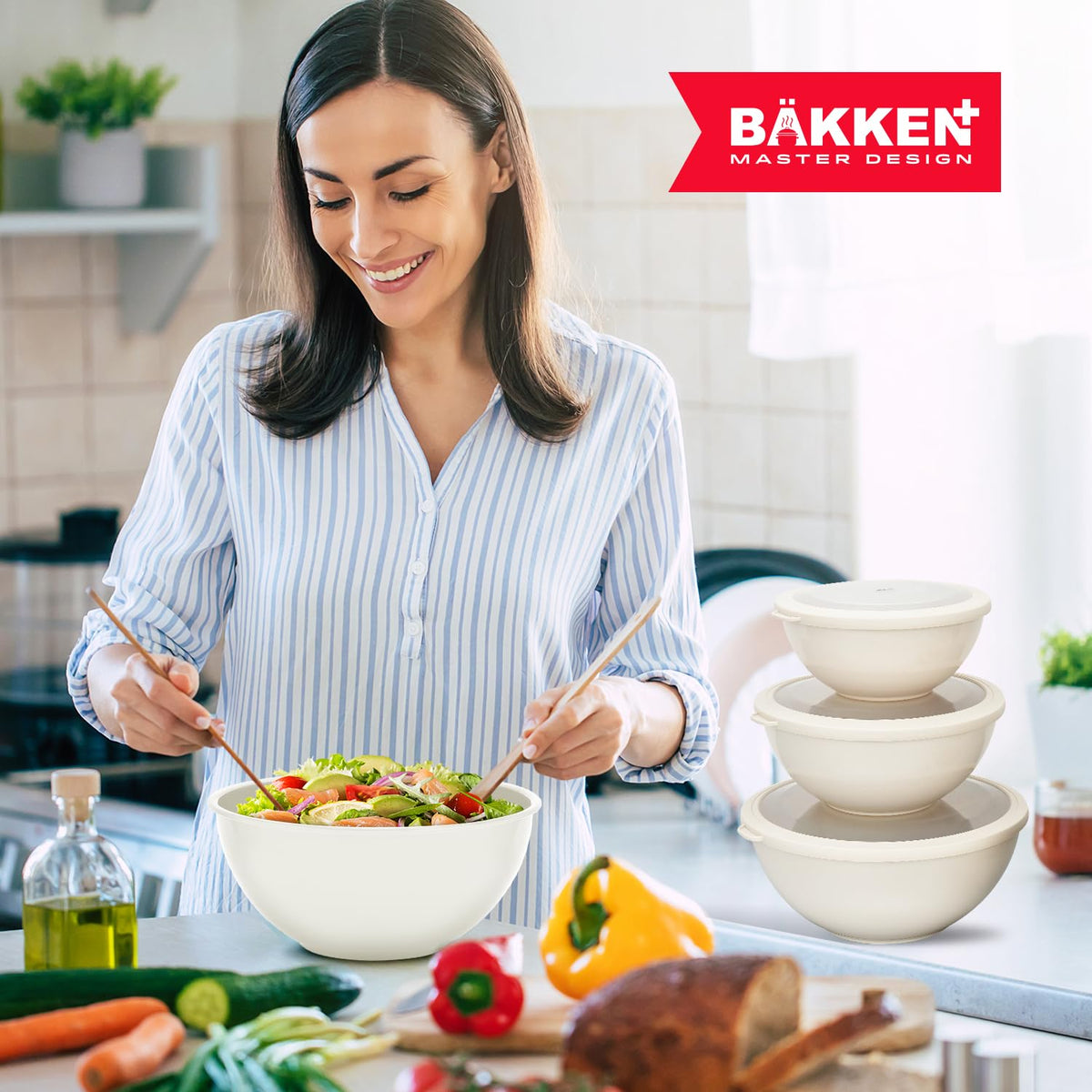 BAKKENMASTER - Cuencos de plástico con tapas, juego de cuencos para mezclar incluye 6 cuencos de preparación y 6 tapas, sin BPA, recipientes reutilizables para preparación de comidas, aptos para