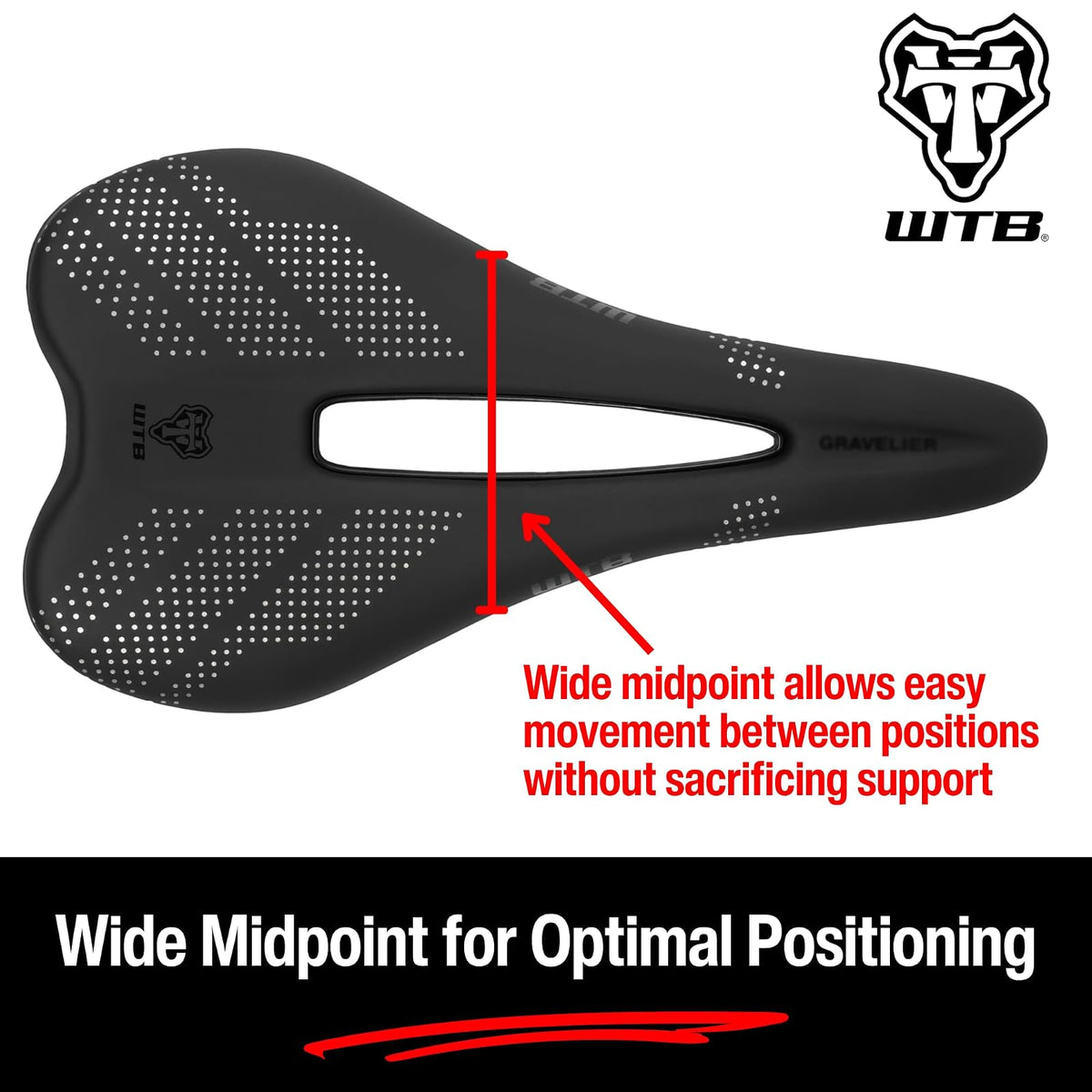 WTB - Sillín de Bicicleta con Grava – 246 x 140 mm, Base Flexible con tecnología Fusion Form, Recorte de Alivio perineal para Paseos en Grava y Resistencia – Montaje de Herramienta Integrado