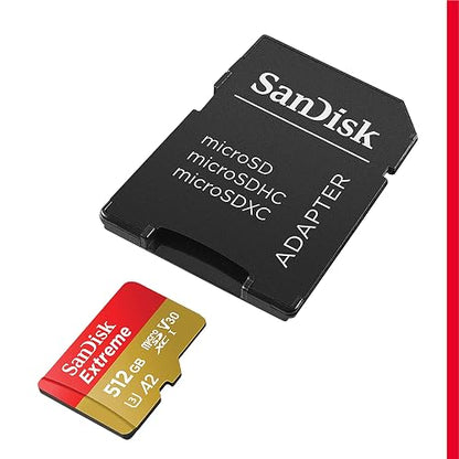 SanDisk 512GB Extreme microSDXC UHS-I Memory Card with Adapter - C10, U3, V30, 4K, 5K, A2, Micro SD Card - SDSQXAV-512G-GN6MA