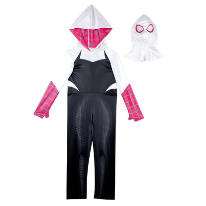 MARVEL Spider-Gwen Official Youth Halloween Costume - Premium Quality Hooded Jumpsuit with Pull On Fabric Mask