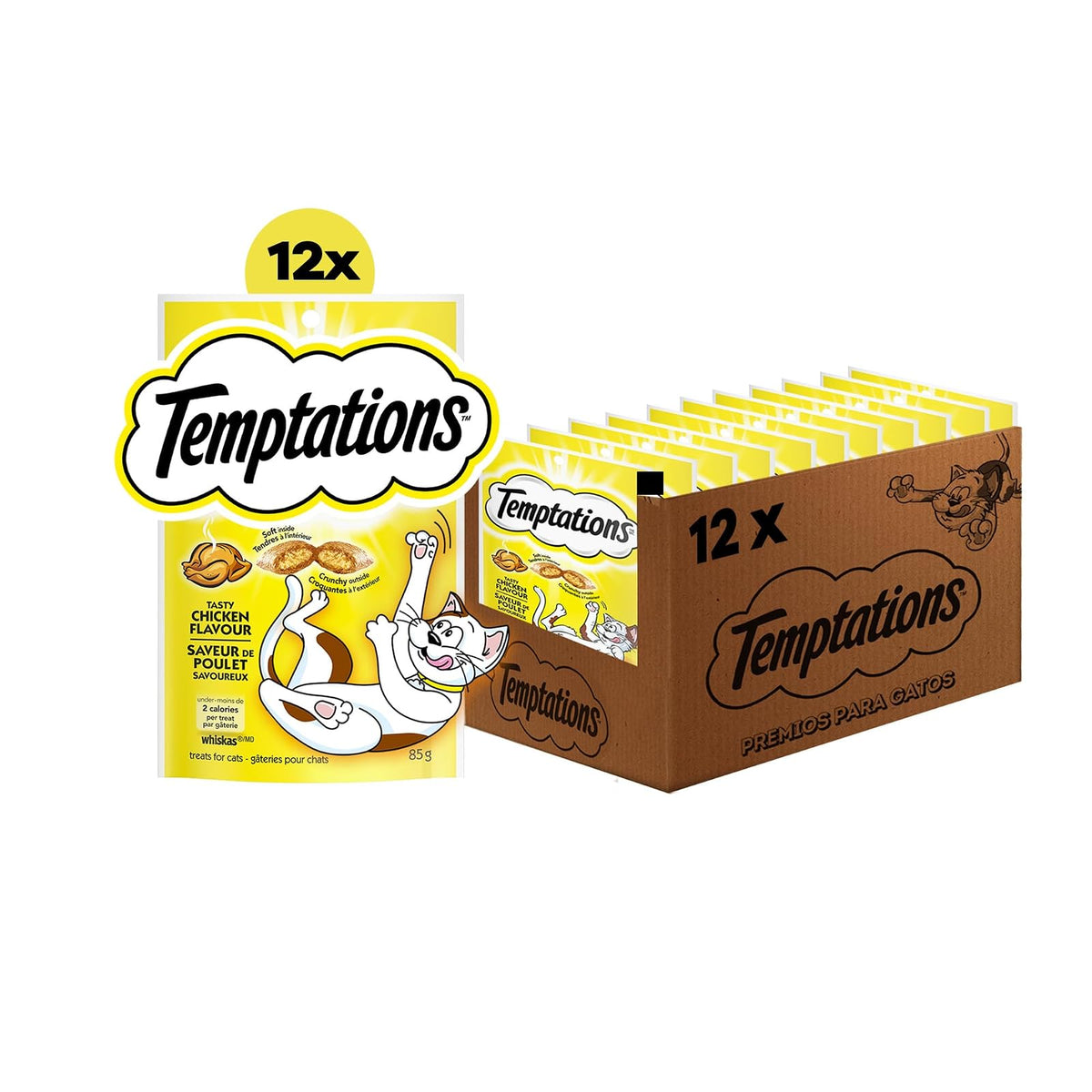 Temptations premios para Gato Sabor Pollo Sabroso, 12 Pack de 85gr c/u – Crujientes por Fuera y Cremosos por Dentro