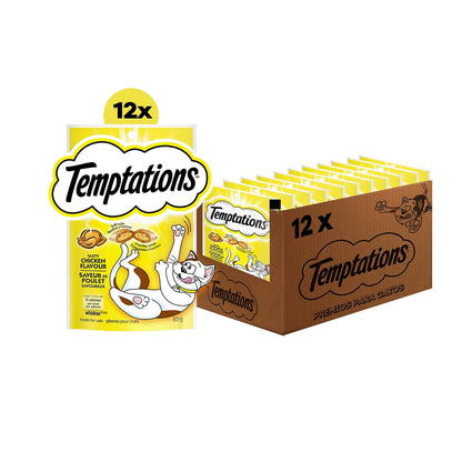 Temptations premios para Gato Sabor Pollo Sabroso, 12 Pack de 85gr c/u – Crujientes por Fuera y Cremosos por Dentro