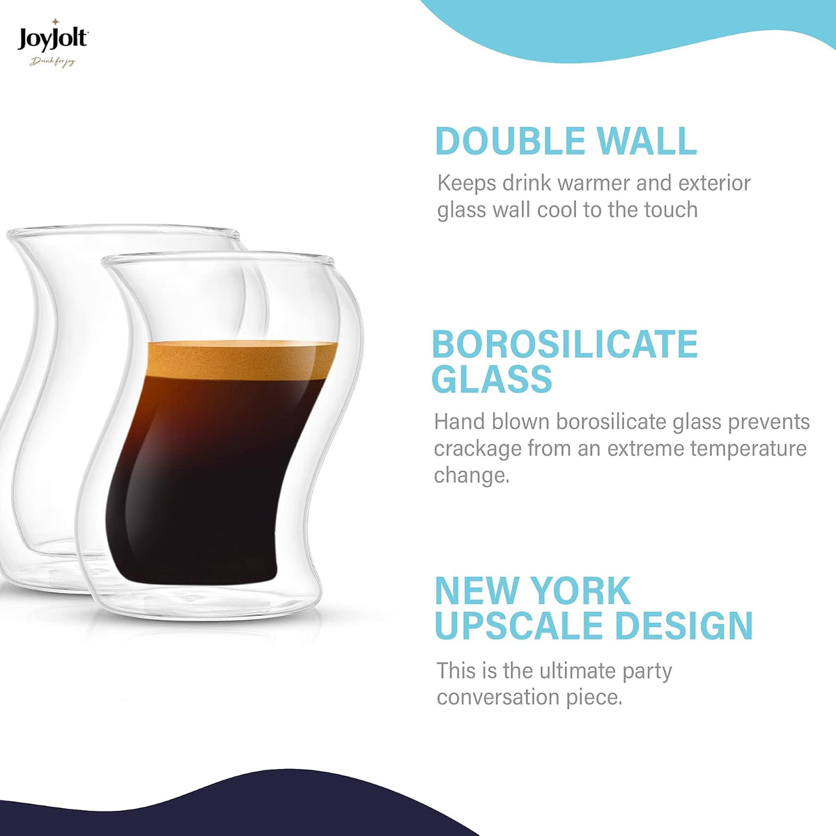 JoyJolt Pivot Espresso Shot Glass - Juego de 2 tazones de café expreso con diseño singular - Lentes de café expreso de doble pared para uso doméstico o profesional