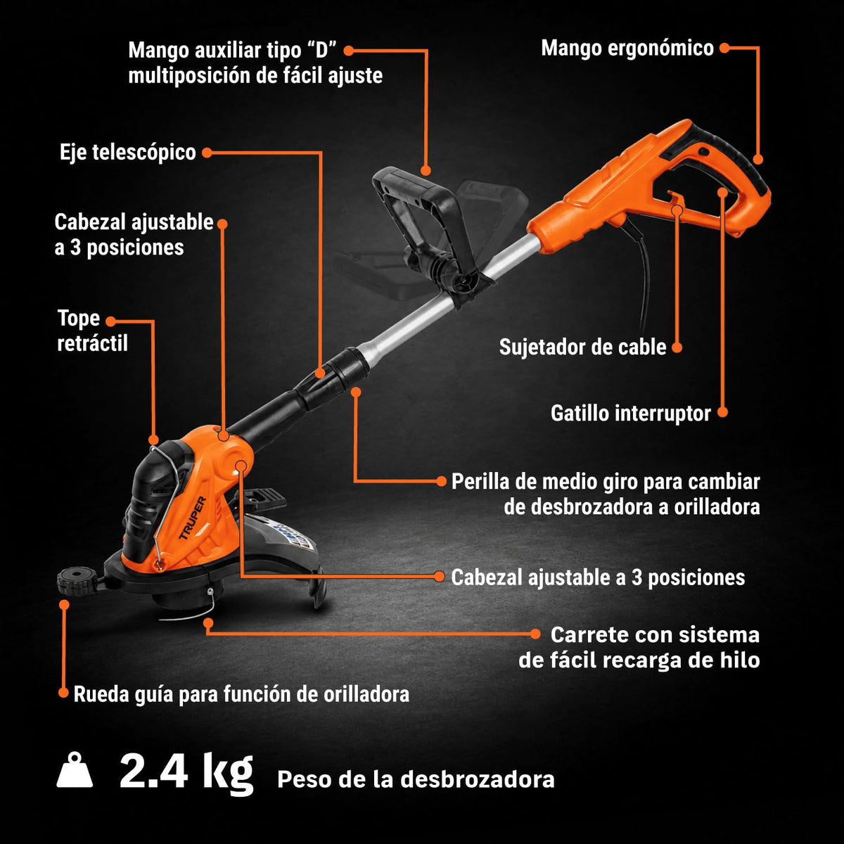 TRUPER DES-550, Desbrozadora eléctrica 550 W Mango D, 13" de Corte