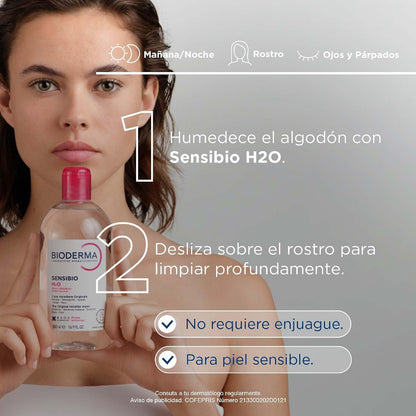 BIODERMA, Agua Micelar, Sensibio H2O, Desmaquillante para Piel Sensible, Calma y Reduce la Irritación, 500 ml