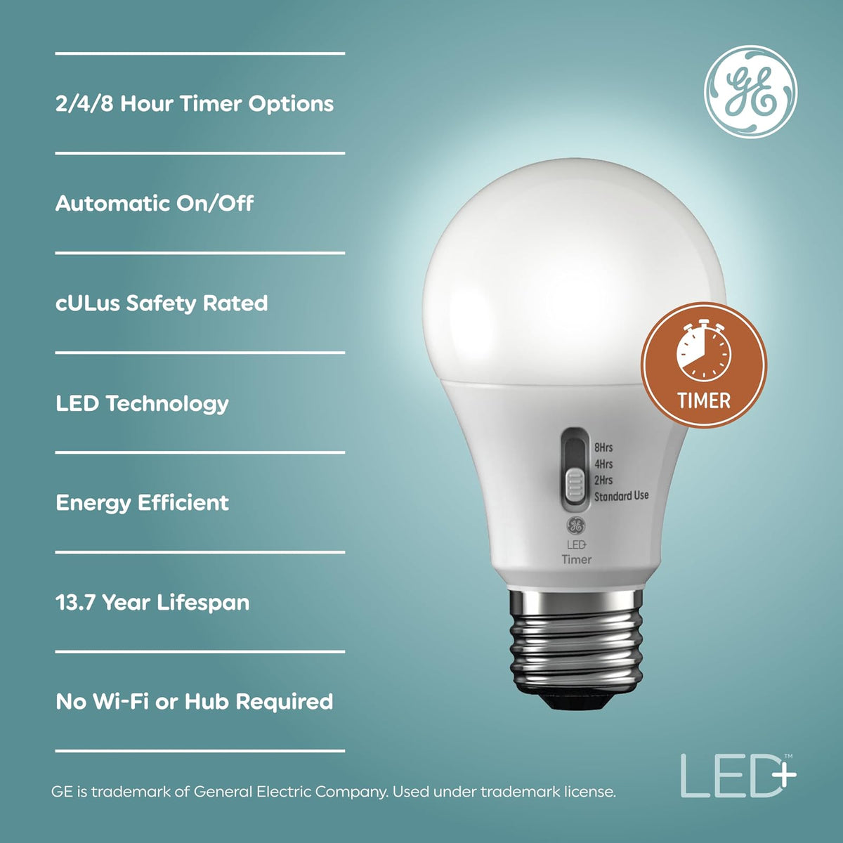 GE LED+ Timer A19 - Bombillas LED con temporizador automático incorporado, 8 W, blanco suave (paquete de 4)