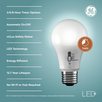 GE LED+ Timer A19 - Bombillas LED con temporizador automático incorporado, 8 W, blanco suave (paquete de 4)