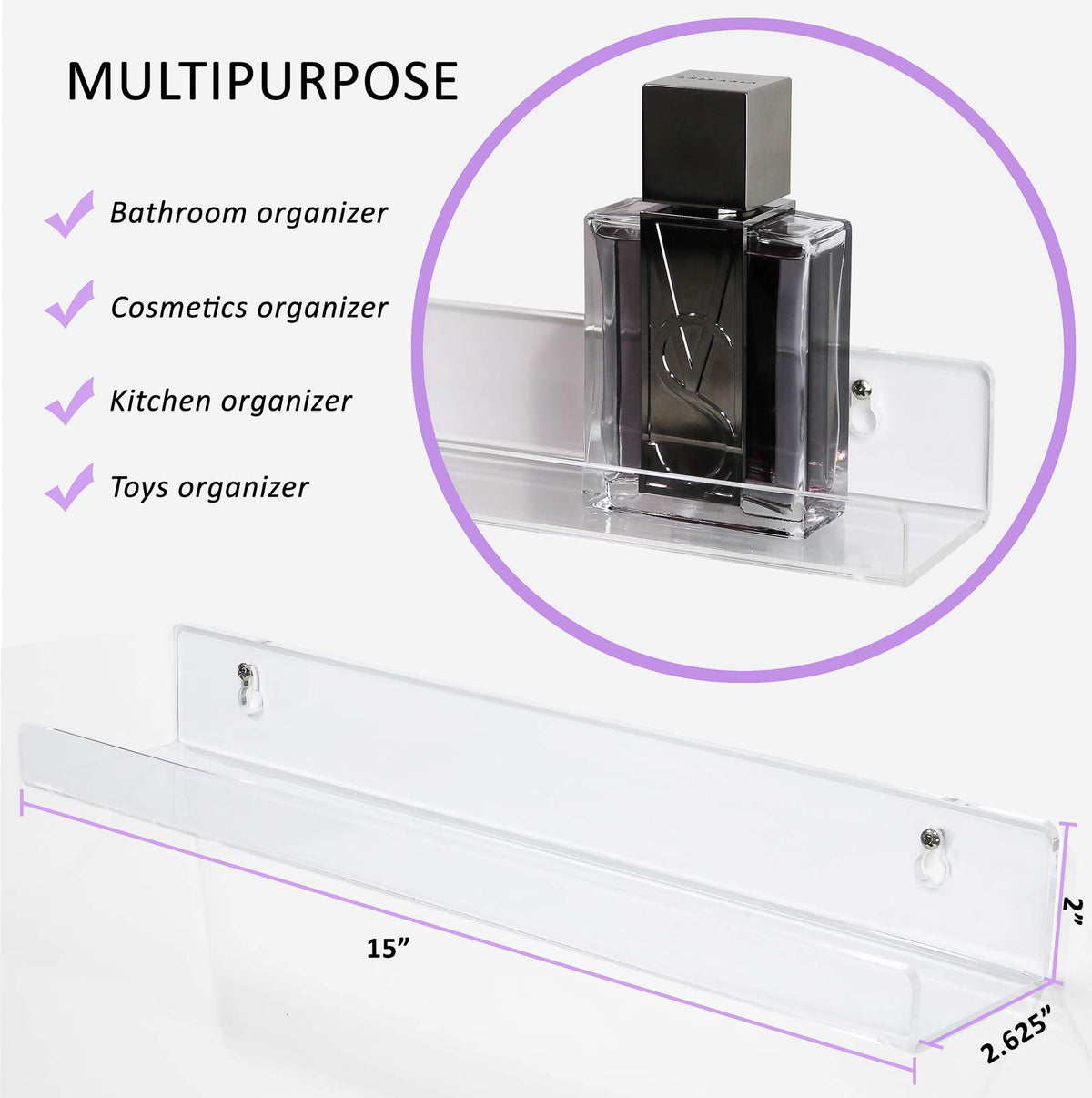 Estilo - Juego de 2 estantes flotantes de acrílico Transparentes montados en la Pared para cosméticos, Fotos, Libros, 15 Pulgadas