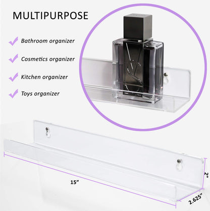Estilo - Juego de 2 estantes flotantes de acrílico Transparentes montados en la Pared para cosméticos, Fotos, Libros, 15 Pulgadas