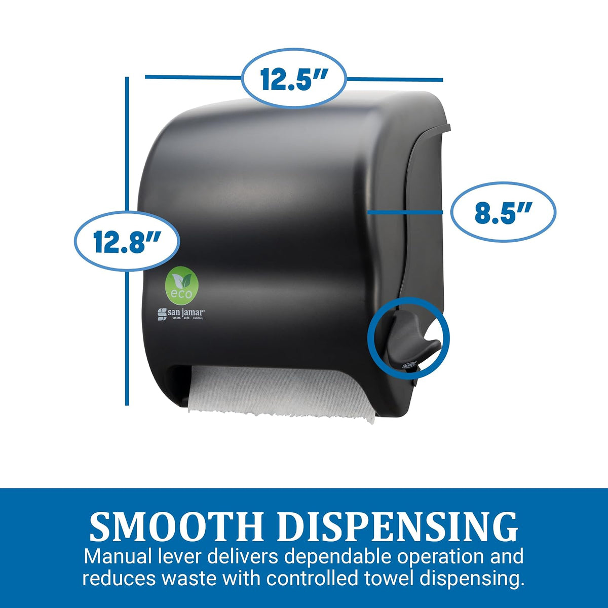 San Jamar - Dispensador de toallas de papel de palanca de plástico reciclado, dispensador manual de toallas, dispensador montado en la pared con cero residuos para el hogar y el negocio, rollos de 8 pulgadas, color negro
