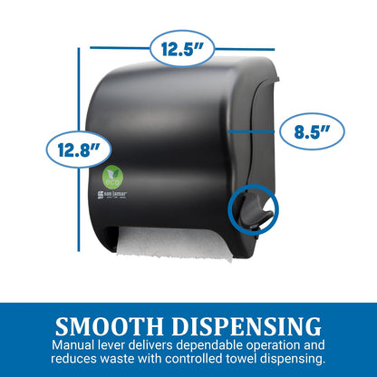 San Jamar - Dispensador de toallas de papel de palanca de plástico reciclado, dispensador manual de toallas, dispensador montado en la pared con cero residuos para el hogar y el negocio, rollos de 8 pulgadas, color negro