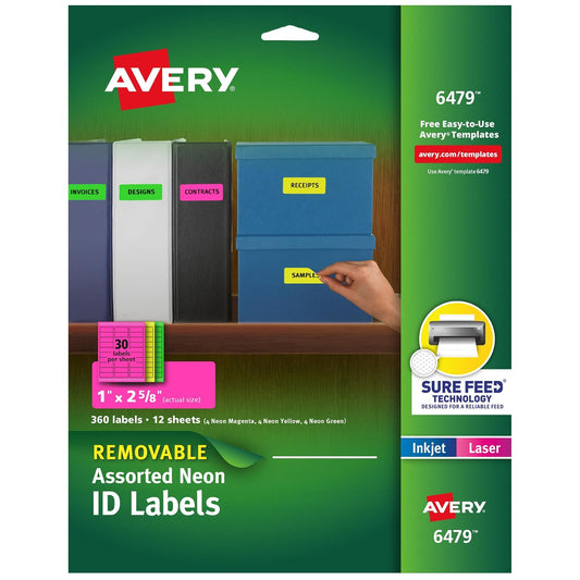 Avery 6479 Etiquetas multiusos, extraíbles, varios colores de neón, 1 x 2.625 pulgadas, paquete de 360
