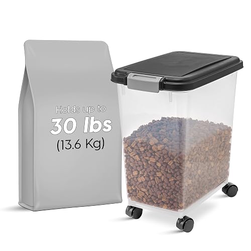 IRIS USA Contenedor Hermético WeatherPro, hasta 13.6 Kg, con ruedas, Ideal para perros, gatos y aves, Mantiene la frescura, translúcido y libre de BPA, Negro