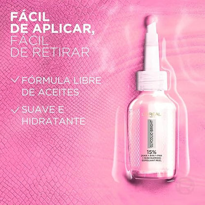 L'Oréal Paris, Glycolic Bright Peeling Exfoliante Facial Anti Manchas, Mejora la Textura y Luminosidad de la Piel, Reduce Poros Abiertos e Imperfecciones, 25 ml.