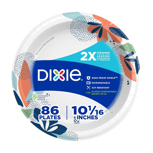 Dixie Paper Plates, 10 1/16 inch, Dinner Size Printed Disposable Plate, 86 count (1 pack of 86 Plates), Packaging and Design May Vary