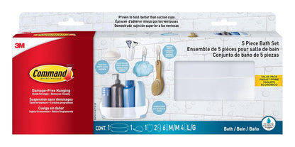 Command - Juego de 5 accesorios de baño, organizador de baño, 1 organizador de ducha, 1 jabonera, 1 soporte para cepillo para polvo de dientes, 2 ganchos con tiras de comando resistentes al agua