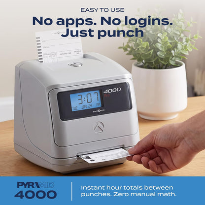 Pyramid Time Systems - Reloj de Tiempo automático Modelo 4000, Reloj electrónico para pequeñas Empresas, el Paquete Incluye: 25 Tarjetas de Tiempo, Cinta y 2 Llaves de Seguridad, Color Plateado (7.25