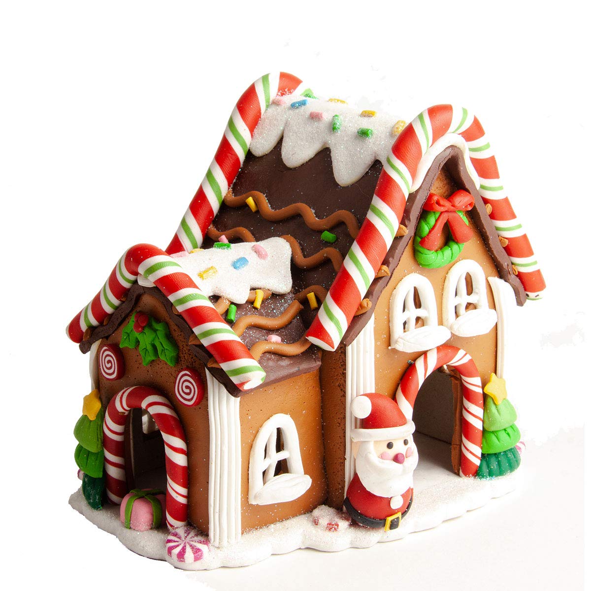 Casita de Jengibre Iluminada | para Villa Navideña | Santa y Pino | Multicolor | Running Decora