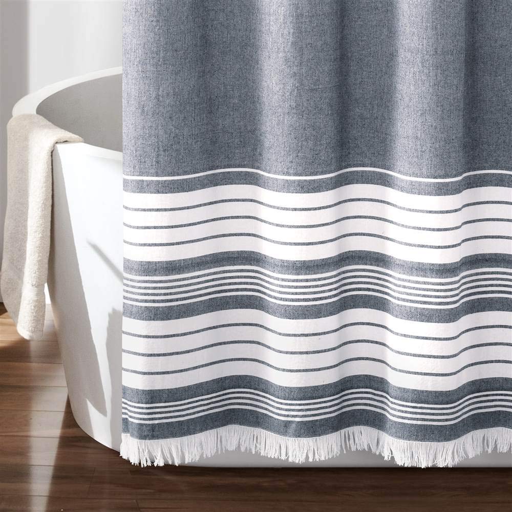 Lush Decor, Navy Nantucket - Cortina de Ducha con Flecos de algodón teñido, 72 x 72 Pulgadas, 72 x 72 Pulgadas