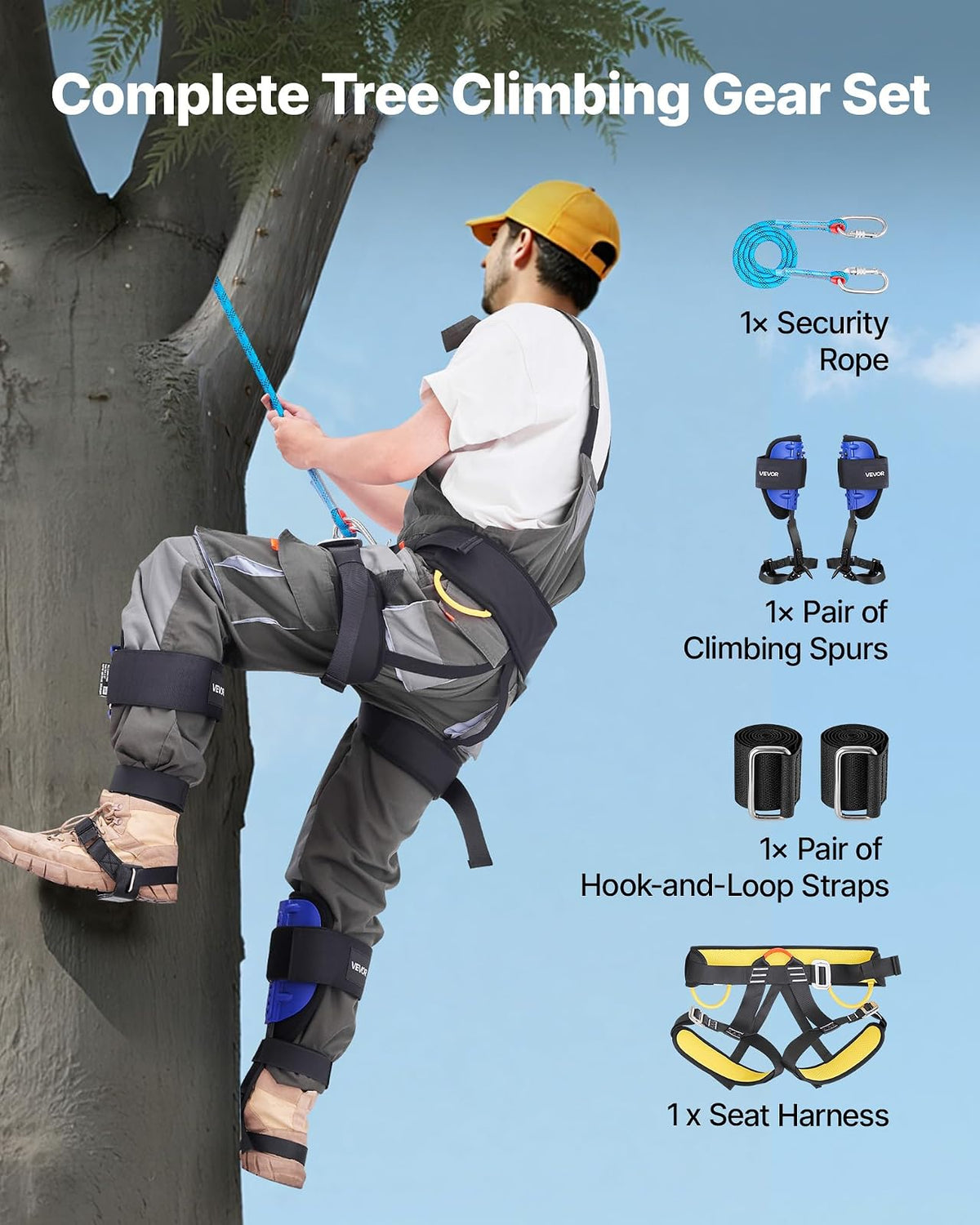 VEVOR Juego de Espuelas para Trepar Árboles, Escalada Ajustable en Altura, con Correas y Arnés, Carga de 159 kg, Espuelas de Acero de Alta Resistencia, para Recolección de Fruta y Caza, Azul