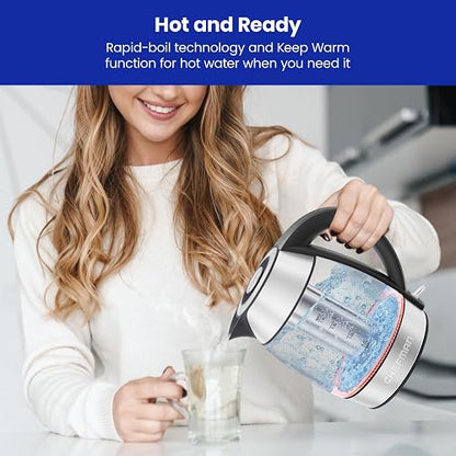 Chefman - Hervidor eléctrico de vidrio 1.8 L, 1500 W | Con infusor de té, función de mantener el calor, apagado automático y protección contra ebullición