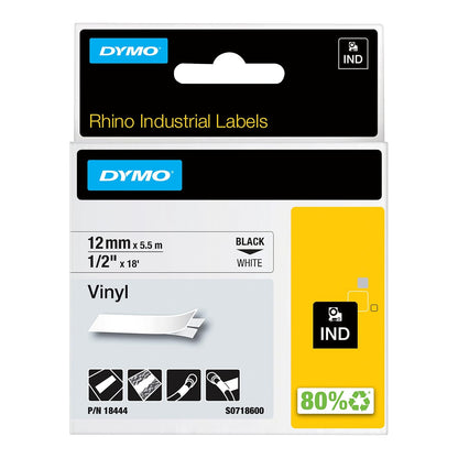 DYMO Rhino Cinta de Etiquetas de Vinilo, 3/4", Blanco/Negro - 1 - 2" (12MM) - Negro sobre blanco