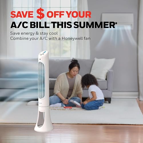 Honeywell Ventilador, Tradicional, Blanco, 1, 1 | 5 potentes y silenciosos ajustes de ventilador, flujo de aire oscilante, temporizador automático, diseño delgado que ahorra
