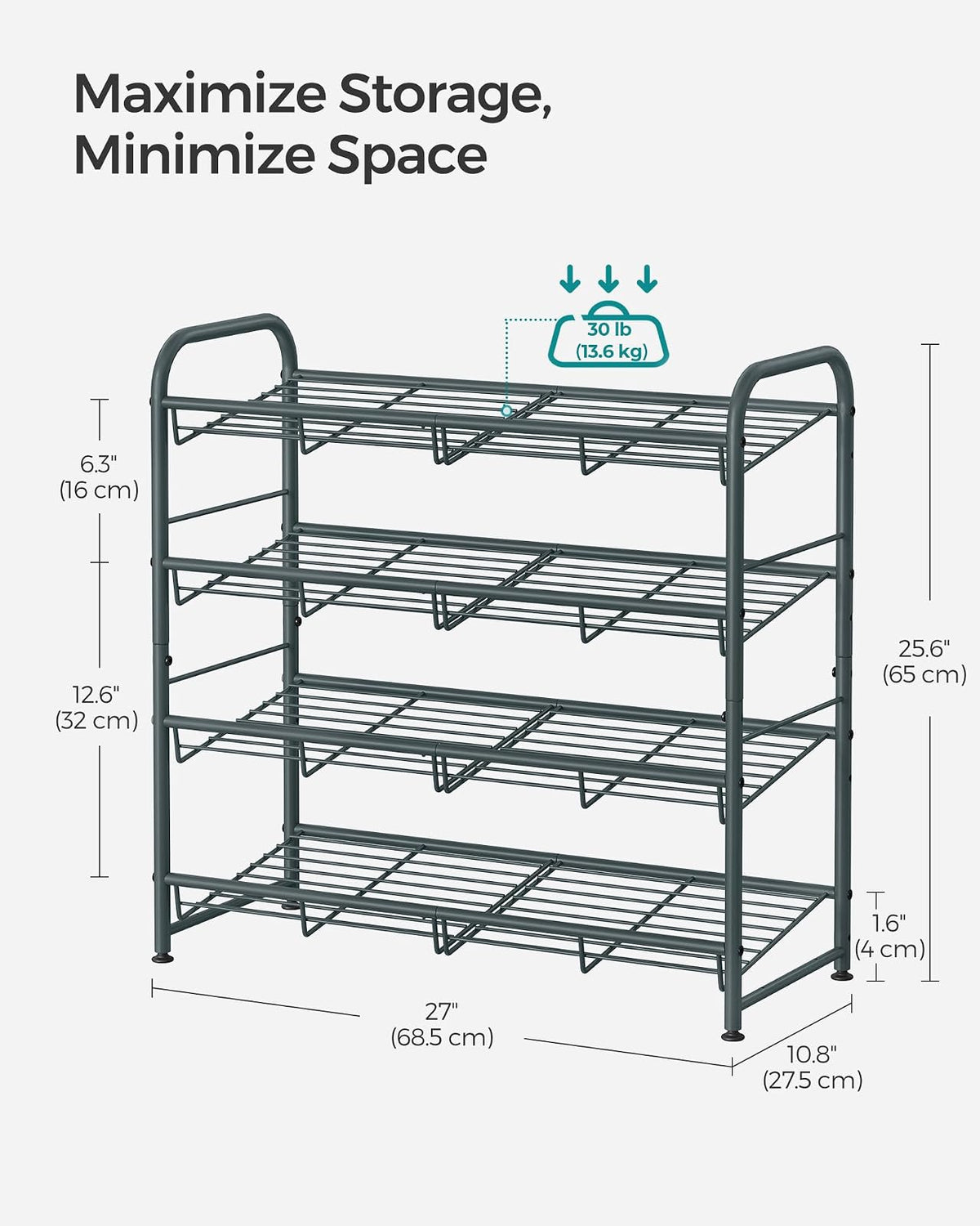 SONGMICS Zapatero, Organizador de Zapatos de 4 Niveles para clóset, Capacidad para hasta 16 Pares de Zapatos, Zapatero para Entrada de Puerta Delantera, Estante de Metal para Zapatos con ángulo de