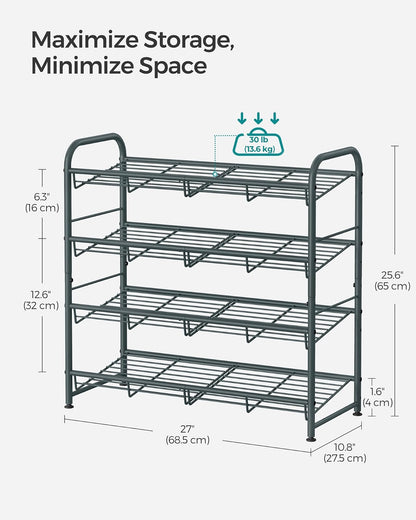 SONGMICS Zapatero, Organizador de Zapatos de 4 Niveles para clóset, Capacidad para hasta 16 Pares de Zapatos, Zapatero para Entrada de Puerta Delantera, Estante de Metal para Zapatos con ángulo de