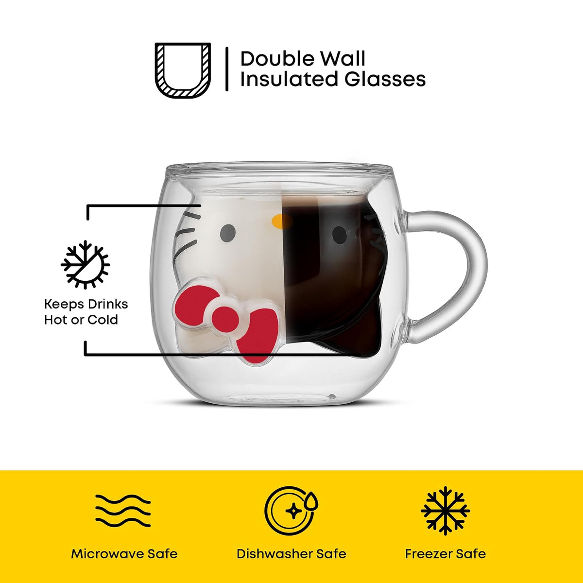 JoyJolt Hello Kitty Taza de café 3D, taza de vidrio de doble pared de 6 onzas con diseño 3D, vaso de chupito de espresso aislado, taza Kawaii Sanrio para café o té de doble tiro, cosas de cocina Hello