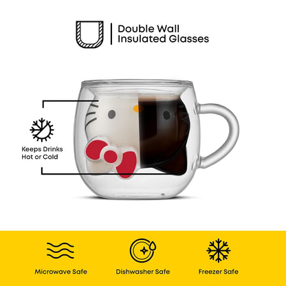 JoyJolt Hello Kitty Taza de café 3D, taza de vidrio de doble pared de 6 onzas con diseño 3D, vaso de chupito de espresso aislado, taza Kawaii Sanrio para café o té de doble tiro, cosas de cocina Hello