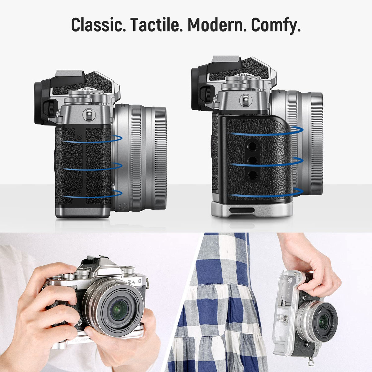 NEEWER L-Shape Grip para Nikon Z FC, Empuñadura en Forma de L de Aleación de Aluminio con Mango de Cuero Retro, 1/4" Rosca, Zapata Fría y Cola de Milano Arca, Compatible con Nikon Z FC(VS108)